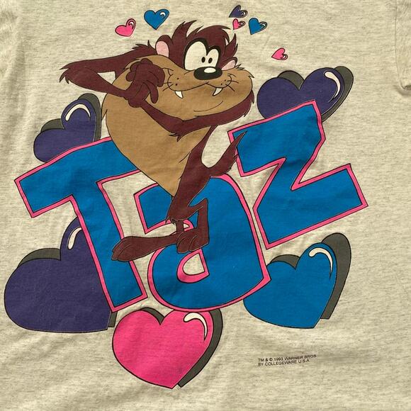 Vintage 1993 Taz Tazmanian Devil Looney Tunes Heart Graphic T-Shirt Size Large - Picture 2 of 5